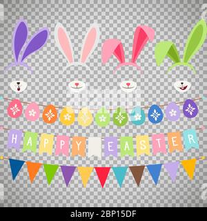 Easter party decoration vector elements. Eggs garland and bunny ears isolated on transparent background Stock Vector