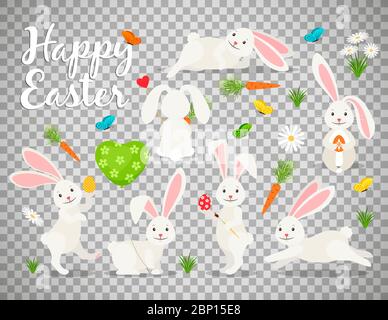 Easter bunny vector illustration isolated on transparent background. Happy rabbit for easter banner collection Stock Vector