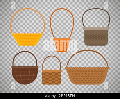 Empty baskets isolated on transparent background. Osier wicker picnic vector basket set Stock Vector