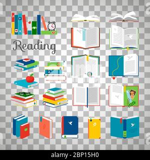Reading book vector cartoon icons set. School and hand books, library books stack vector illustration isolated on transparent background Stock Vector