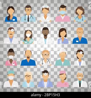 Medical staff icons. Doctors and nurses medical staffs avatars isolated on transparent background. Vector illustration Stock Vector