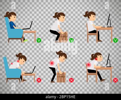 Woman cartoon character sitting and working correct and incorrect postures. Vector illustration isolated on transparent background Stock Vector