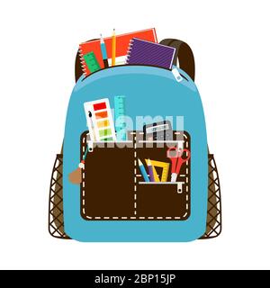 Blue schoolbag. Children school bag packs isolated on white background with notebook and equipment Stock Vector