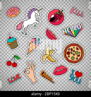 Funny quirky colorful food stickers set with pizza, cherry, ice cream and words. Vector patches and badges isolated on transparent background Stock Vector