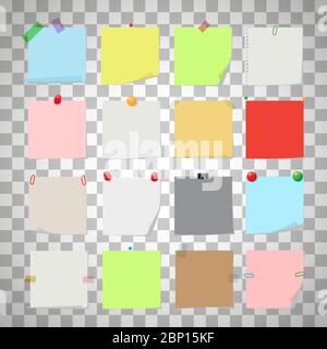 Note paper set. Vector notes, post memo papers isolated on transparent background Stock Vector