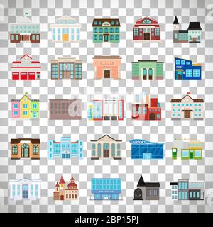 Municipal library and city bank, hospital and school vector icon set. Colored urban government building icons isolated on transparent background Stock Vector