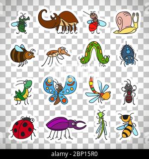 Vector funny insects and cute bugs stickers set isolated on transparent background Stock Vector