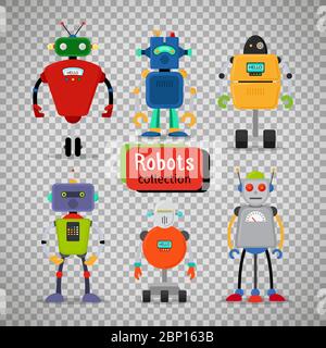 Cute cartoon robots set isolated on transparent background, vector illustration Stock Vector