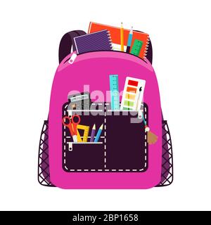 Pink schoolbags. Children school bag packs isolated on white background with notebook and equipment. Vector illustration Stock Vector