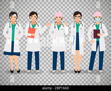 Vector female doctor or smiling woman pharmacist poses isolated on transparent background Stock Vector