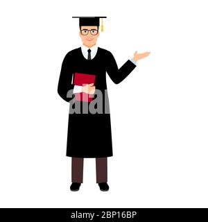 University male student graduate with glasses isolated on white background. Male character with square academic cap and diploma in hands. Vector illustration Stock Vector