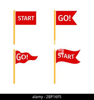Start and go markers or pointer to the map or location. Red flags set isolated on white background, vector illustration Stock Vector