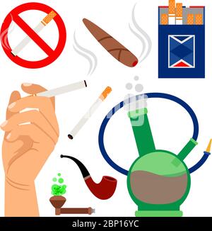 Smoking tobacco icons. Set of cigarettes and hookah, cigar and no smoking sign isolated on white background. Vector illustration Stock Vector
