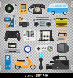Hipster tech gadgets. 90s gadget icons like old joystick and console, gamepad and video tape isolated on transparent background. Vector illustration Stock Vector