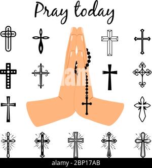 Catholic praying hands holding rosary beads and christian crosses signs. Vector prayer symbols isolated on white background Stock Vector