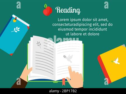 Open notepad scheduler with bookmark. Reading horizontal vector illustration Stock Vector