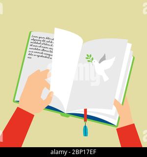 Open notepad scheduler with bookmark. Hand flips through pages, vector illustration Stock Vector