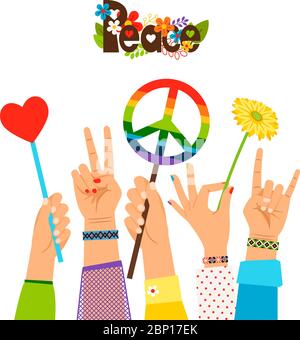 Peace signs in hands colored vector illustration. Rainbow hippie peaceful symbols and gestures isolated on white background Stock Vector