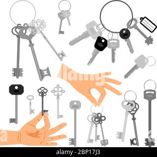 Keys with hands isolated on white background. Hand holding key vector illustration Stock Vector