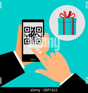 Hand holding smartphone with QR code on screen and gift, vector illustration Stock Vector