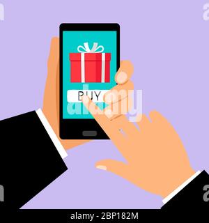 Gift app page on smartphone screen, with man hands holding the phone. vector illustration Stock Vector