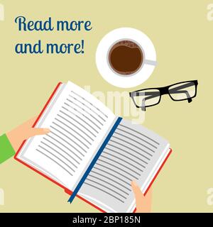 Read more and more poster with coffee and opened book with bookmark, vector illustration Stock Vector