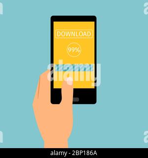 Hand holding mobile device with downloading application, vector illustration Stock Vector