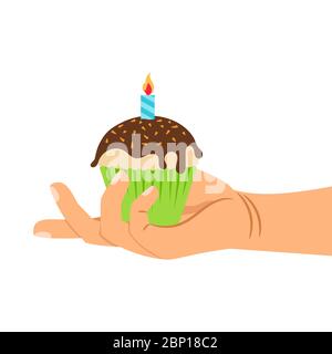 Hand holding cupcake decorated with candle, isolated on white, vector illustration Stock Vector