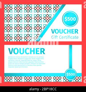 Voucher certificate modern template. Blue ribbons on the geometric patterned background. Vector illustration Stock Vector