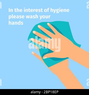 Disinfection concept. Hands and wet wipe on blue background, vector illustration Stock Vector