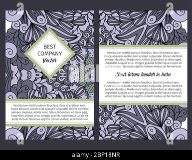 Brouchure design template for company with outline swirls and leaves in grey and black colors, vector illustration Stock Vector