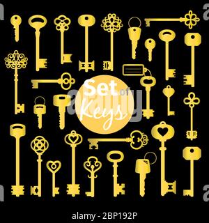 Antique and modern gold keys set in flat style vector illustration Stock Vector