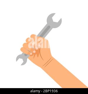 Hand with wrench isolated on the white background, vector flat illustration Stock Vector