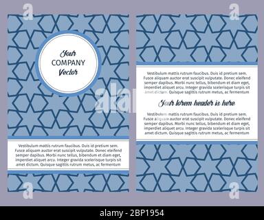 Brouchure design template for company with blue geometric pattern with linear elements, vector illustration Stock Vector