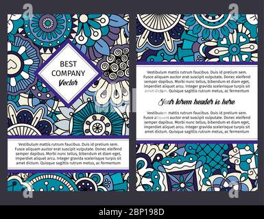 Brouchure design template for company with Blue floral outline ornamental pattern in ethnic style, vector illustration Stock Vector