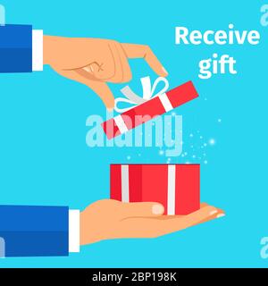 Man receive the present. Hand hold the red box with ribbon, vector illustration Stock Vector