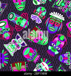 Pink and green masks on the dark background, seamless pattern with tribal geometric elements, vector illustration Stock Vector