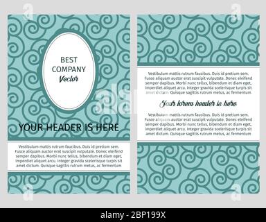 Brouchure design template for company with blue decorative pattern with linear swirls, vector illustration Stock Vector