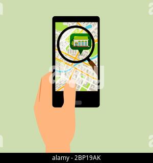 Hand holding smartphone with supermarket location map, vector ilustration Stock Vector