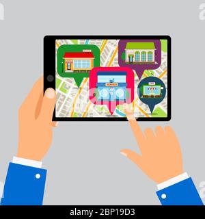 Hands holding tablet with restaurants map app, vector illustration Stock Vector