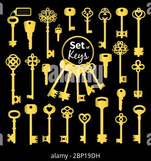 Vintage antique key collection in golden color isolated on black background, vector illustration Stock Vector