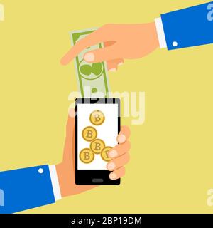 Hands holding smartphone convert dollar bill to bitcoin coins, vector illustration Stock Vector