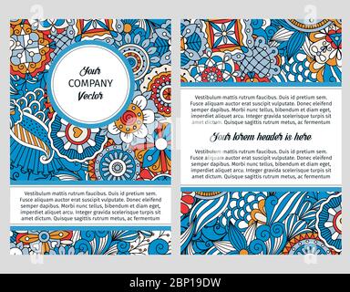 Brouchure design template for company with blue floral decorative pattern, vector illustration Stock Vector