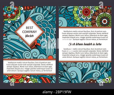 Brouchure design template for company with blue floral and swirls decorative pattern, vector illustration Stock Vector