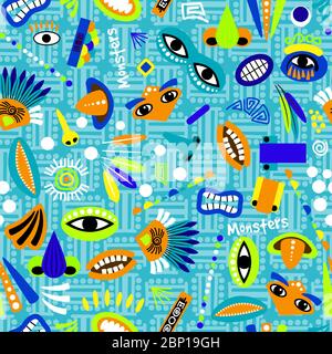 Funny blue seamless pattern for kids textile with feathers, eyes and mouths, vector illustration Stock Vector