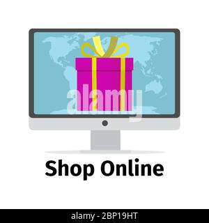 Shop online concept with pink present and all world map on the screen, vector illustration Stock Vector