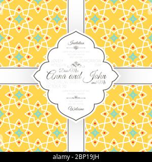 Invitation template card with islamic yellow pattern, vector illustration Stock Vector