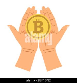 Hands holding bitcoin isolated on the white background, vector illustration Stock Vector