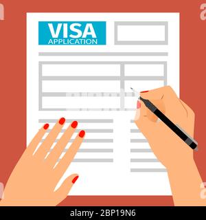 Woman hands filling out visa application, vector illustration Stock Vector