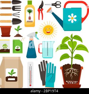 Care of houseplants and indoor gardening icons. Fertilization and watering, flowerpot with soil and sunlight, seedling cultivation isolated on white background. Vector illustration Stock Vector